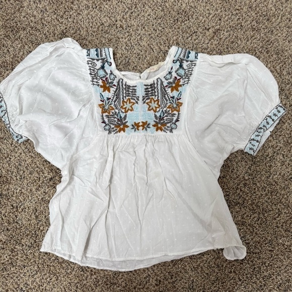 Solitaire Tops - Solitaire White and Blue Puff Sleeve Embellished Blouse